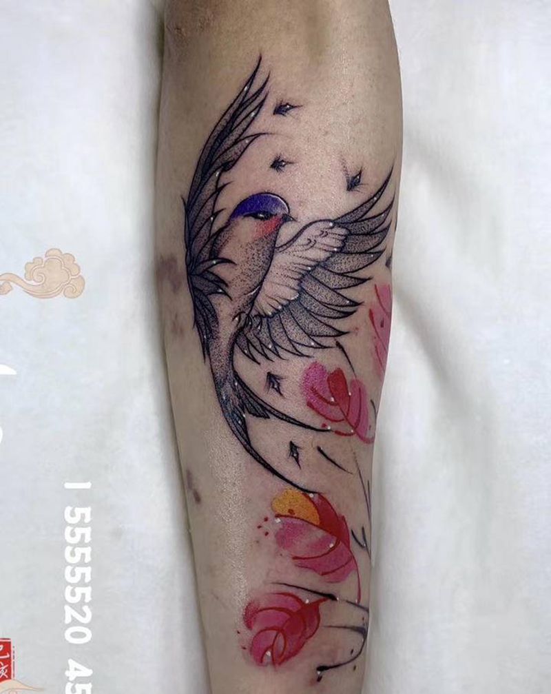 水墨与燕纹身图片_手臂水墨点刺燕花纹身图案