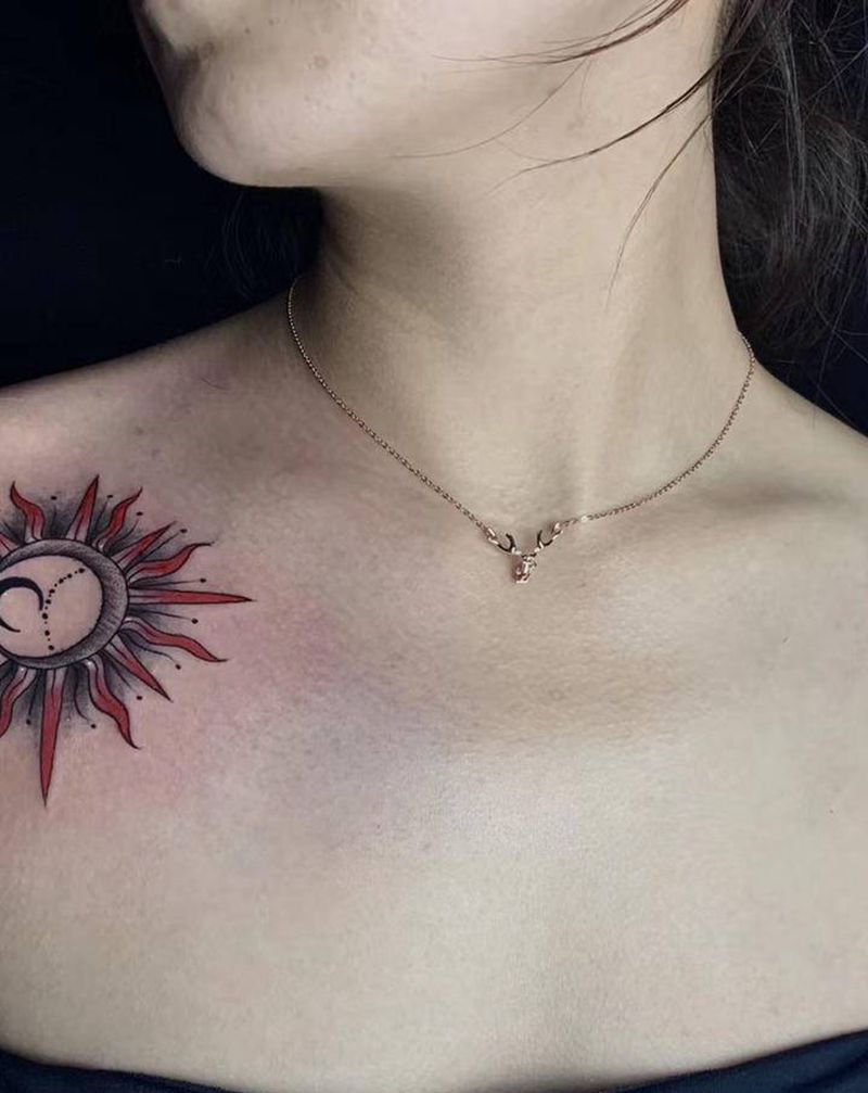 月亮与太阳纹身图片_手臂Old School太阳月亮纹身图案