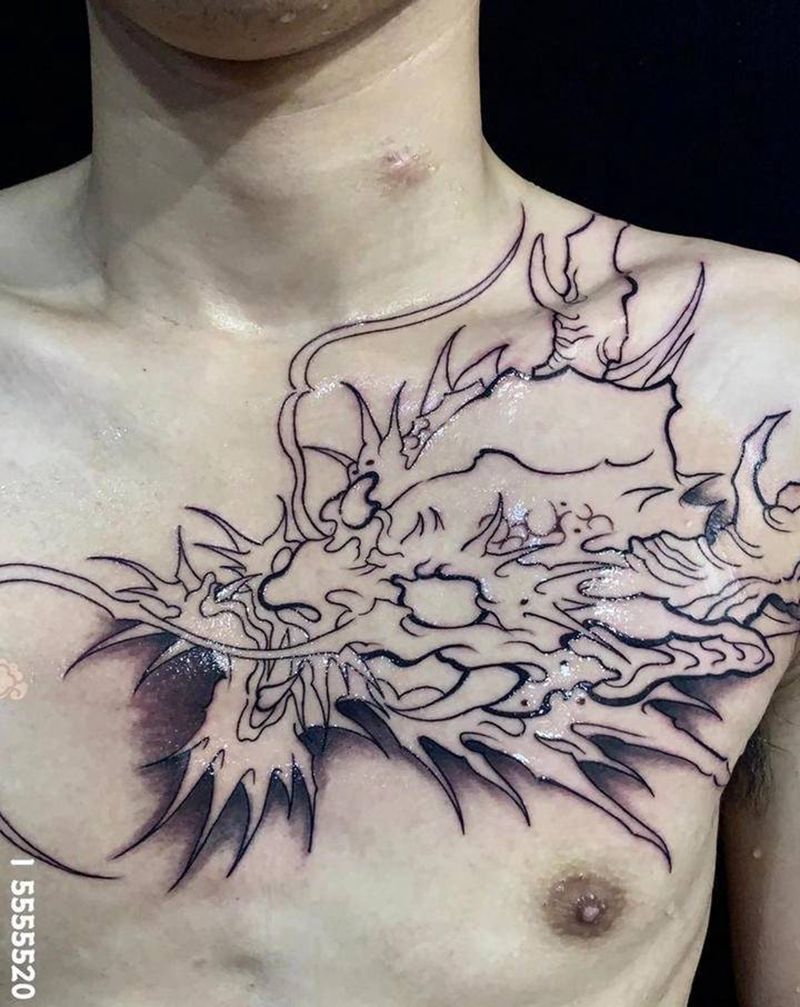 龙头纹身图片_胸部新传统New School龙纹身图案