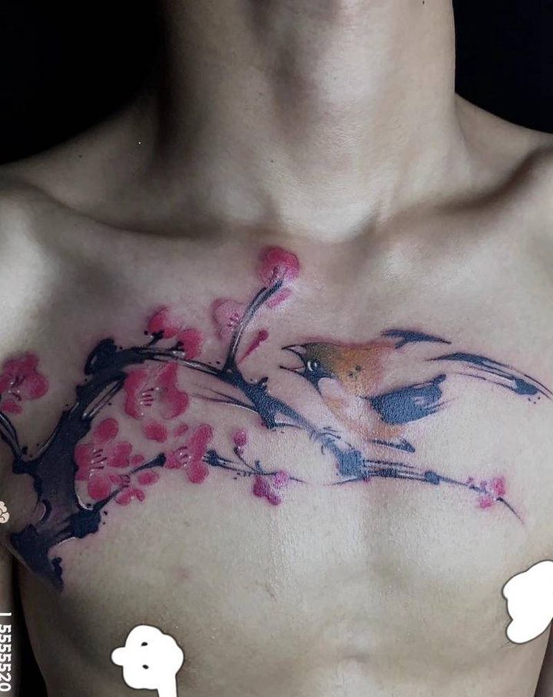 水墨中国风鸟纹身图片_胸部水墨水彩鸟纹身图案