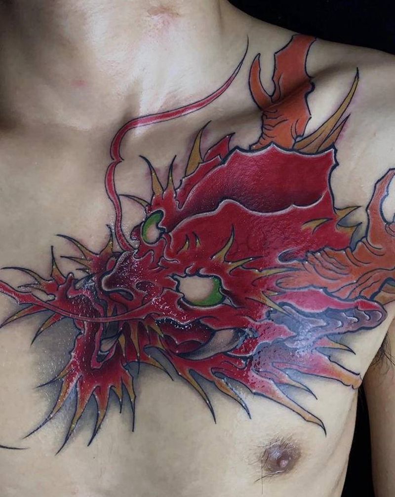 龙头纹身纹身图片_胸部新传统老传统龙头纹身图案