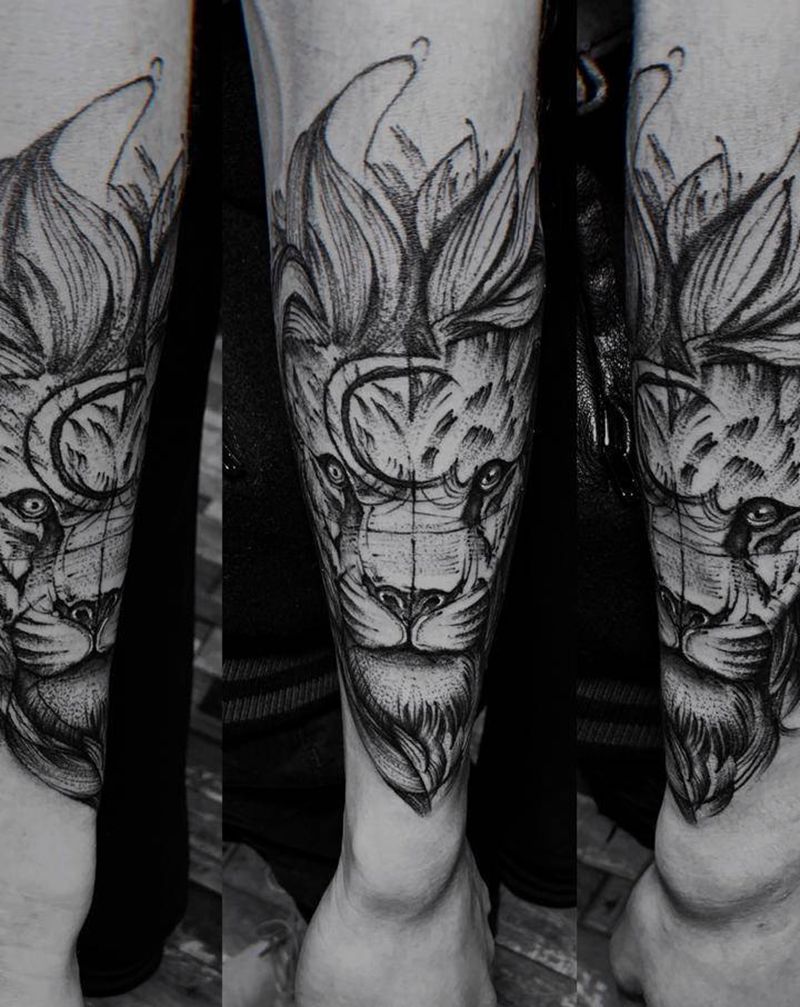 狮子纹身图片_手臂几何点刺纹身图案