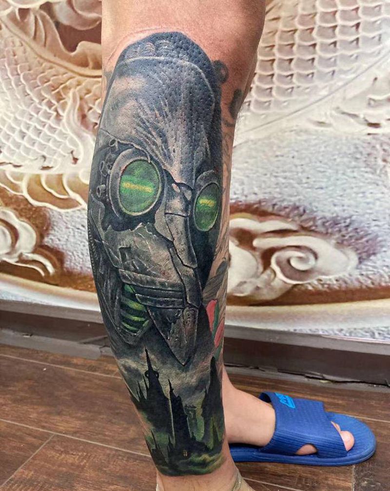 小腿暴力遮盖纹身图片_腿部欧美写实纹身图案