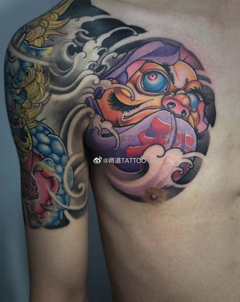 半胛纹身|唐狮纹身纹身图片_肩部新传统纹身图案