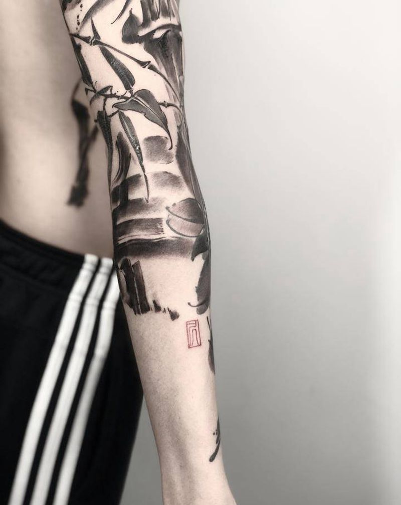 书法竹子纹身图片_手臂手部水墨花体字纹身图案