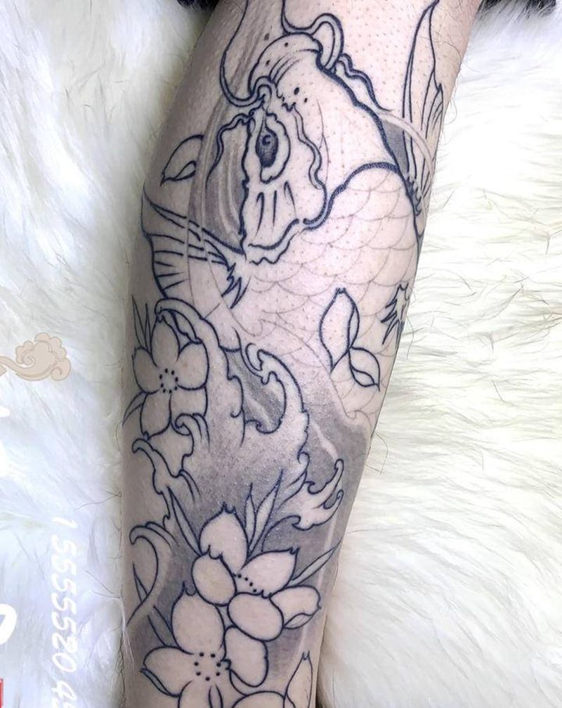 鱼纹身纹身图片_腿部新传统纹身图案