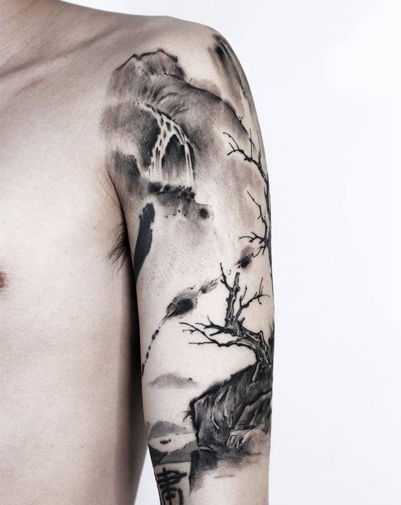 山水纹身图片_手部手臂水墨老传统山水树中国风纹身图案