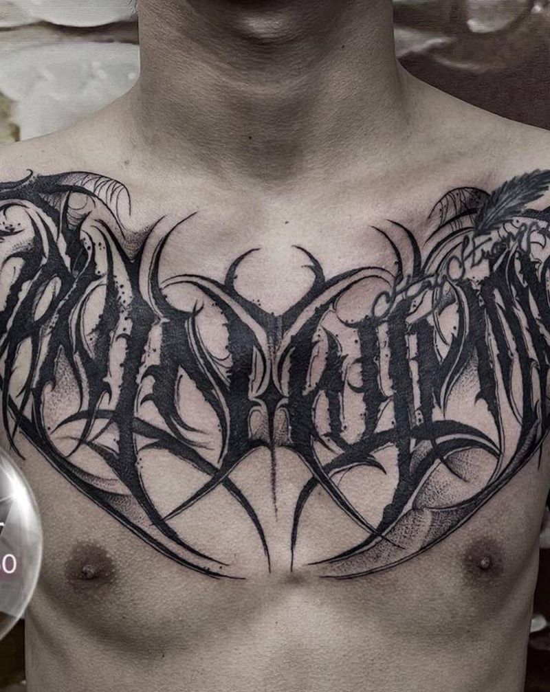 其卡诺花胸纹身图片_胸部花体字纹身图案