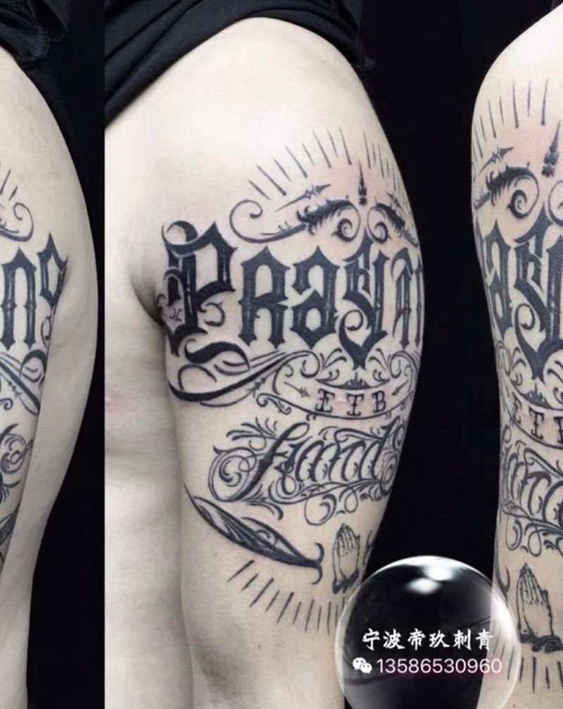 大臂其卡诺纹身图片_手臂花体字纹身图案