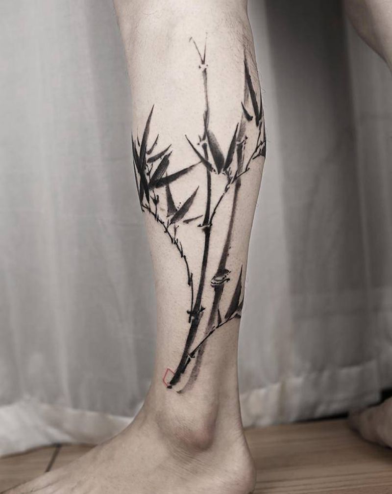 竹子纹身图片_脚部腿部水墨新传统纹身图案
