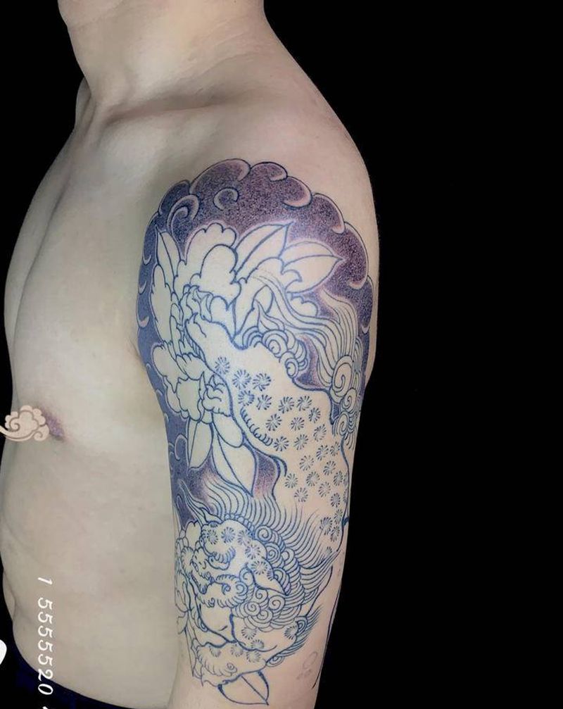 唐狮 老传统 日式纹身图片_手臂纹身图案