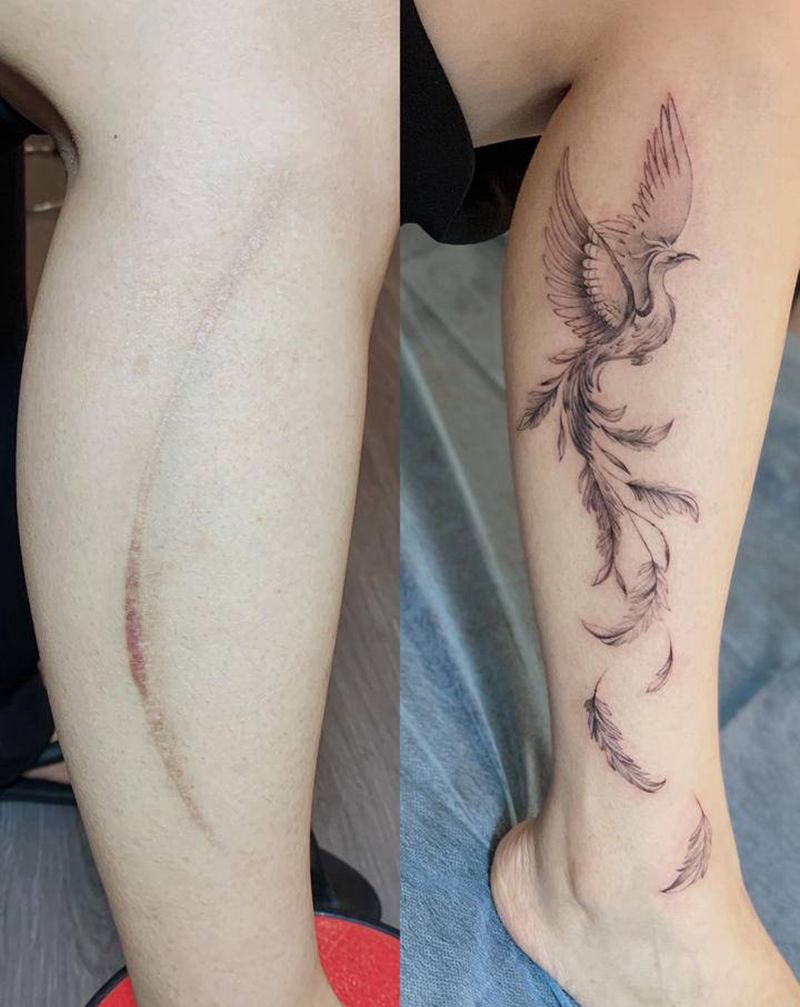 凤凰纹身图片_腿部新传统纹身图案