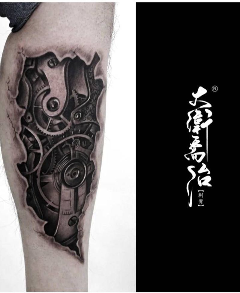 这个机械腿有点迷你纹身图片_腿部欧美写实机械腿纹身图案