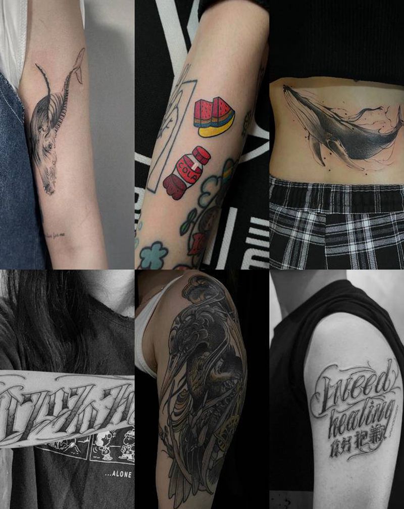 部分作品合集纹身图片_手臂腰部Old School花体字纹身图案