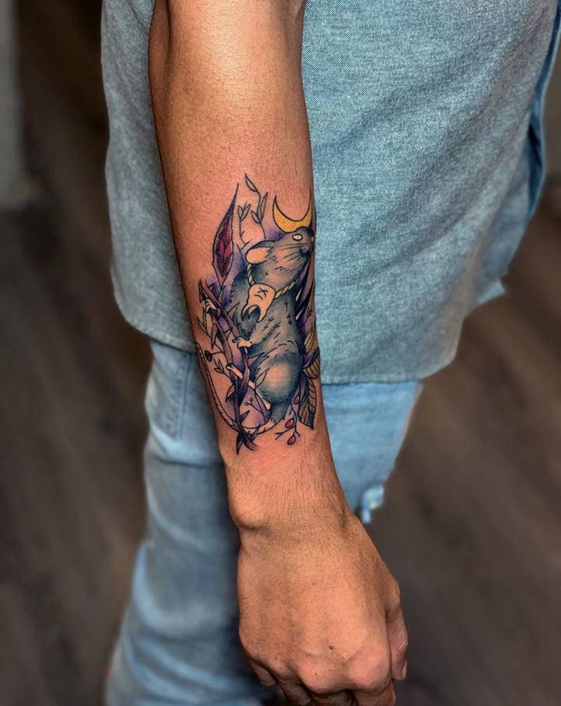 属相，老鼠纹身图片_手臂手部水彩新传统纹身图案