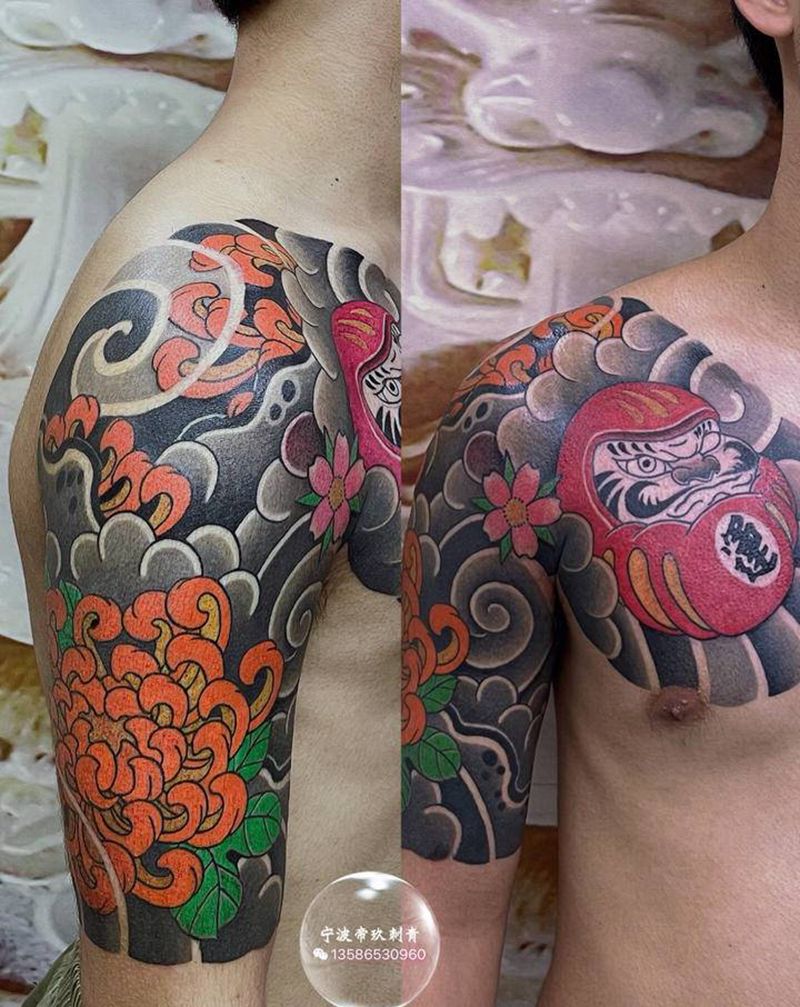 日式达摩蛋半胛纹身图片_手臂胸部老传统纹身图案