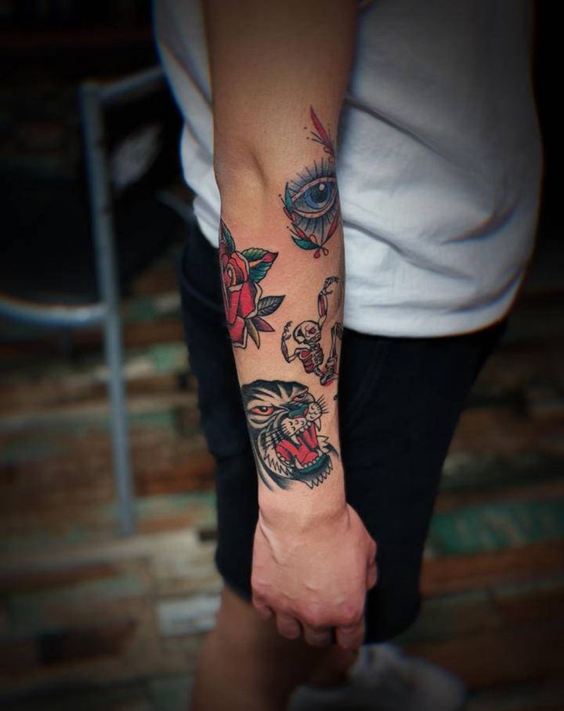 欧美拼接花臂纹身图片_手臂Old SchoolNew School纹身图案