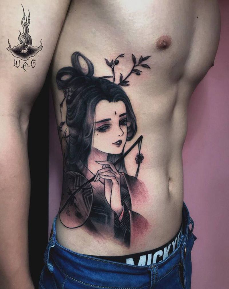 仕女图纹身图片_腰部纹身图案