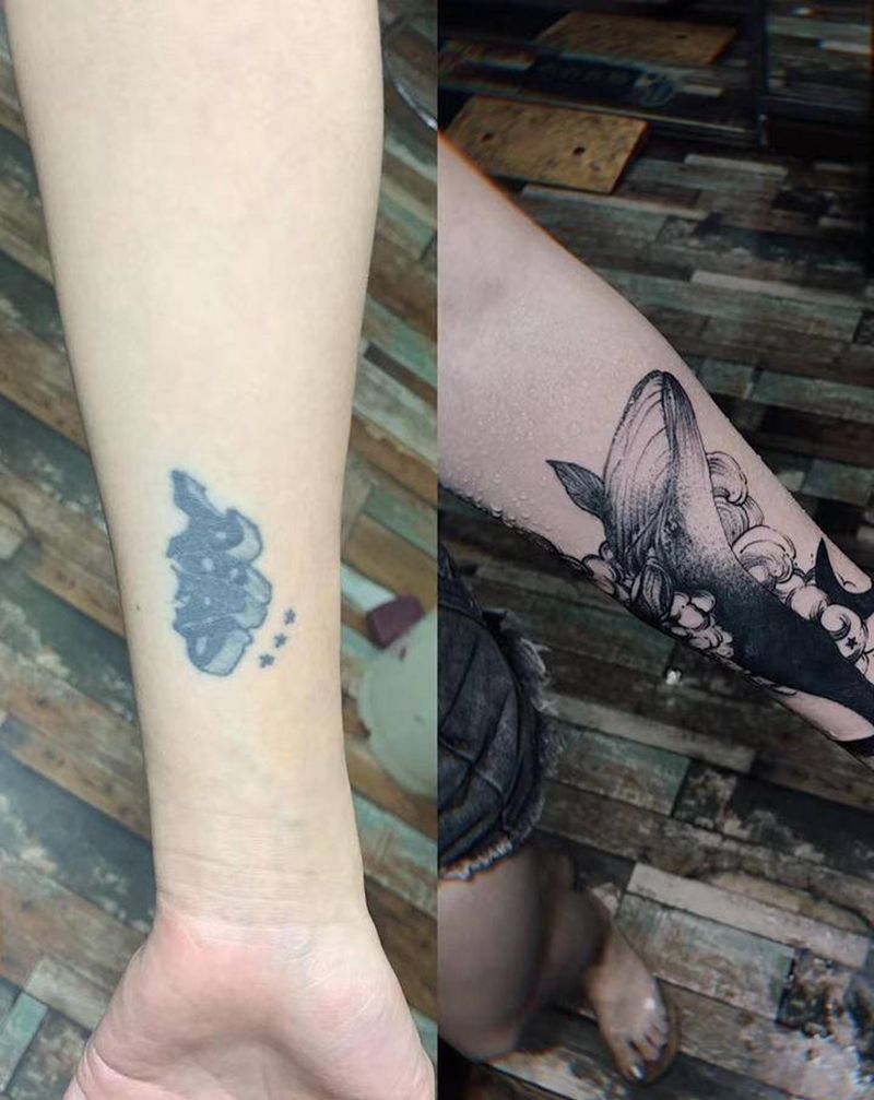 遮盖纹身,鲸鱼纹身纹身图片_手臂点刺几何纹身图案