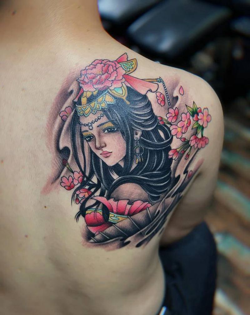 艺妓，花旦，美女纹身图片_背部新传统纹身图案