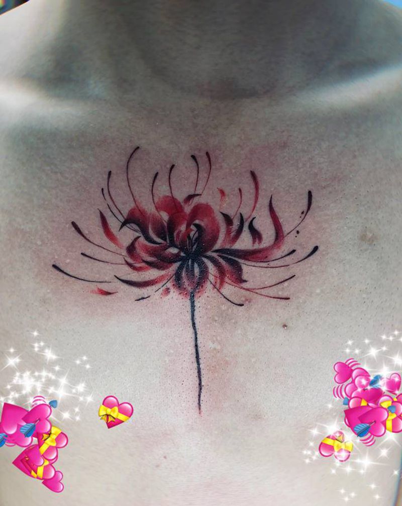 彼岸花纹身图片_胸部水彩纹身图案