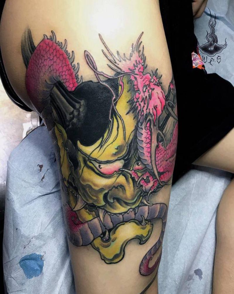 般若御龙纹身图片_腿部纹身图案