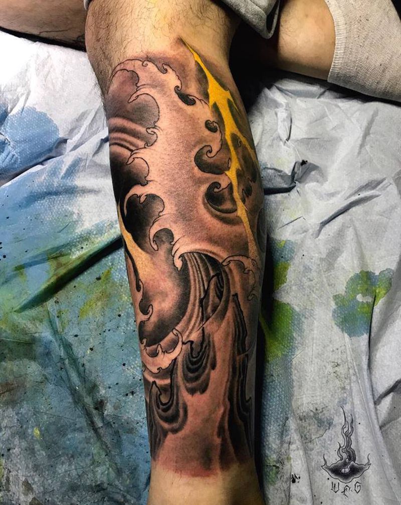 传统浪纹身图片_腿部纹身图案