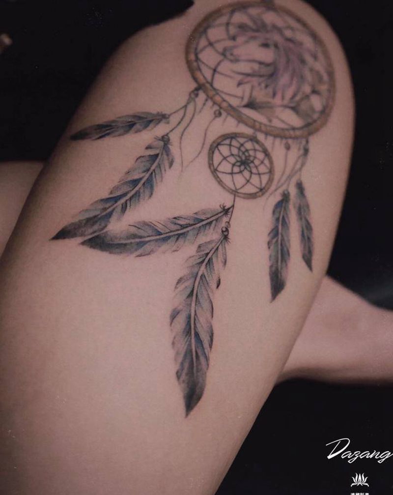 捕梦网纹身图片_腿部水彩水墨纹身图案