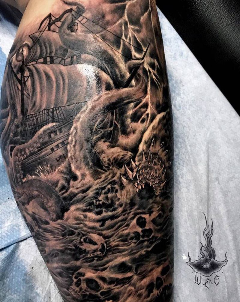 克苏鲁纹身图片_腿部纹身图案