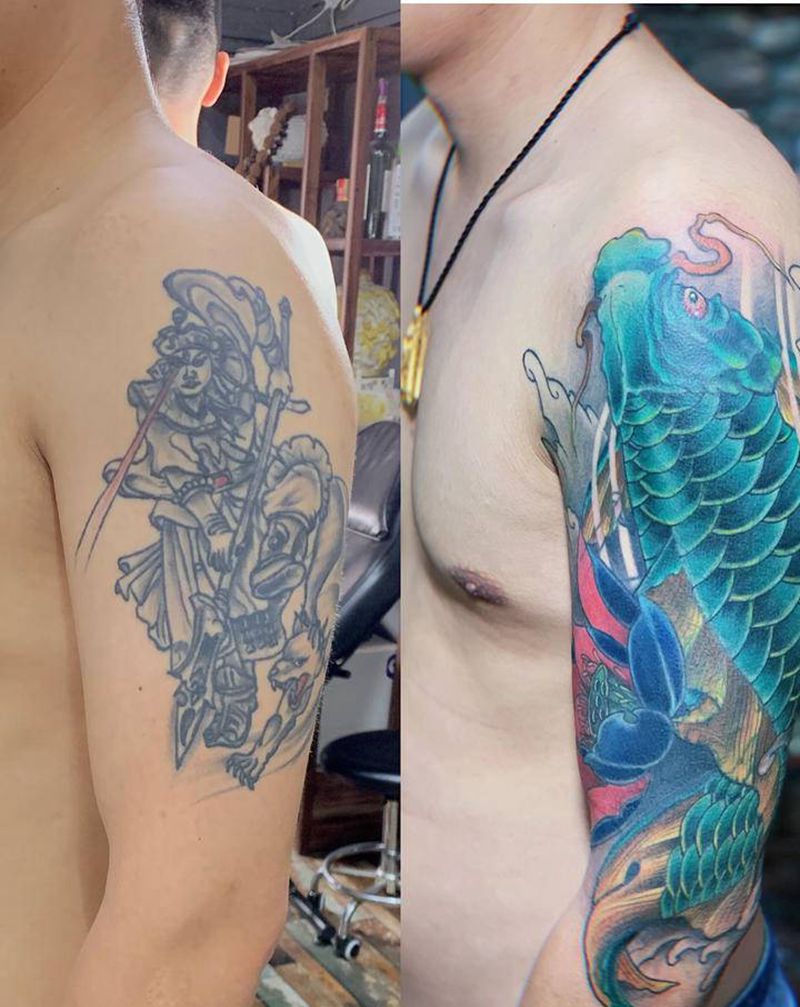 遮盖，鲤鱼纹身图片_手臂新传统纹身图案