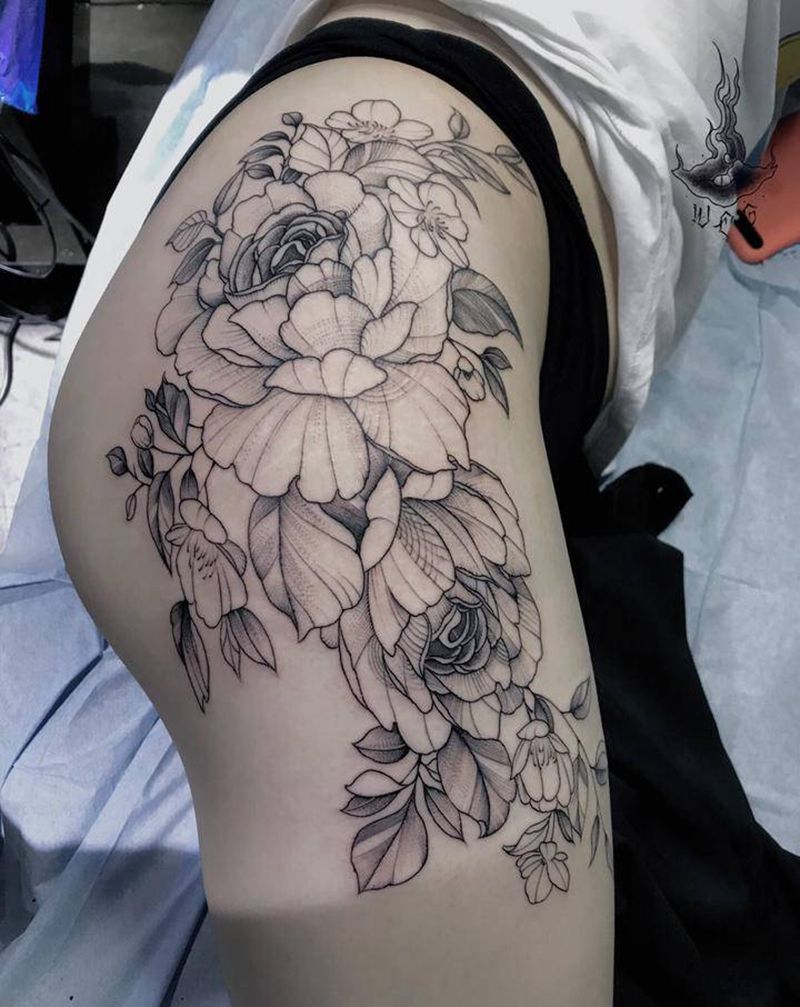 素花纹身图片_腿部纹身图案