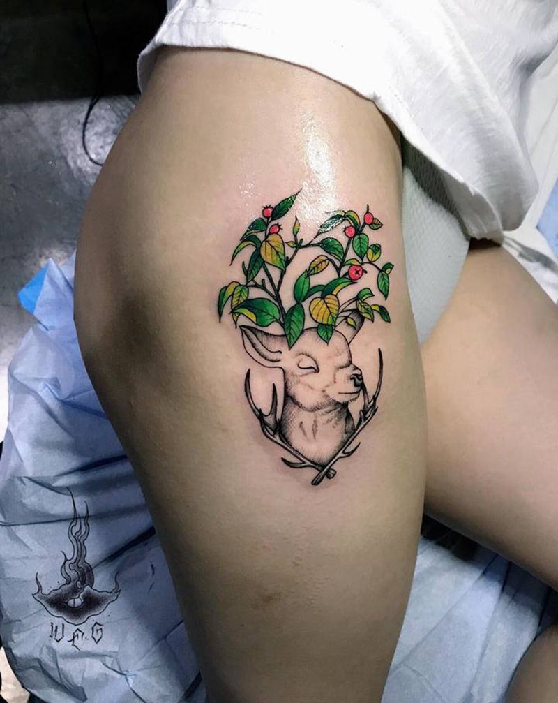 鹿纹身图片_腿部纹身图案