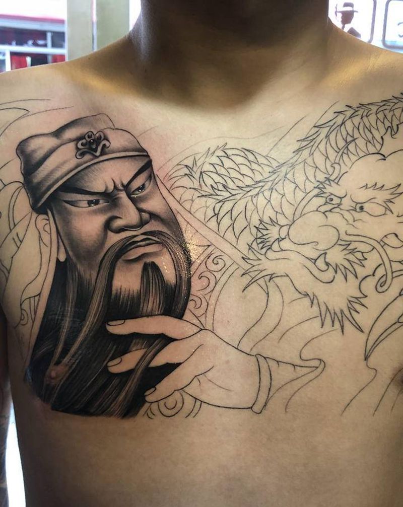 关公花胸纹身图片_胸部新传统纹身图案