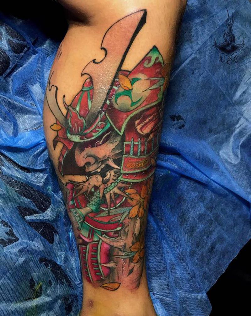 鬼武士纹身图片_腿部纹身图案