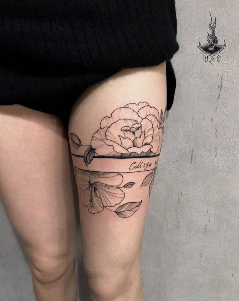 素花纹身图片_腿部纹身图案