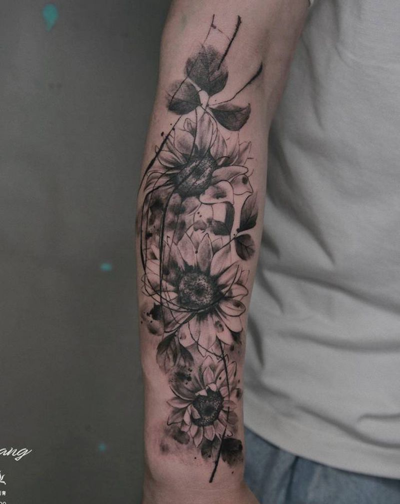 向日葵纹身图片_手臂水墨水彩纹身图案