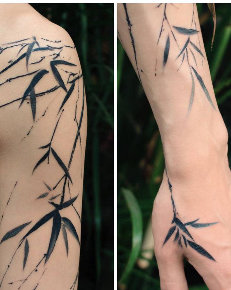 竹纹身图片_手臂手部水彩水墨纹身图案