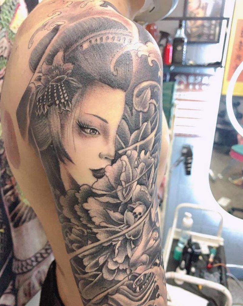 艺姬纹身图片_手臂新传统纹身图案