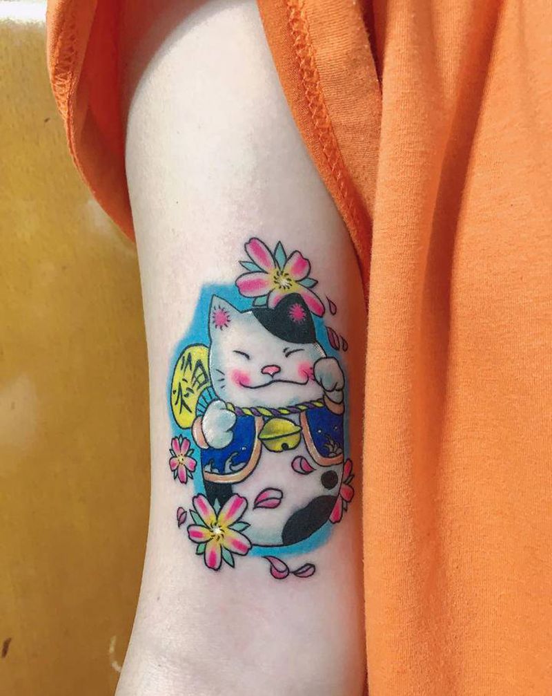 招财猫纹身图片_手臂新传统纹身图案