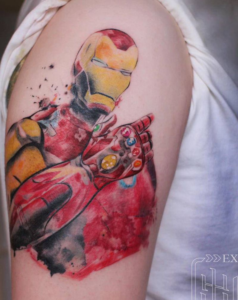 钢铁侠纹身图片_手臂水彩水墨纹身图案