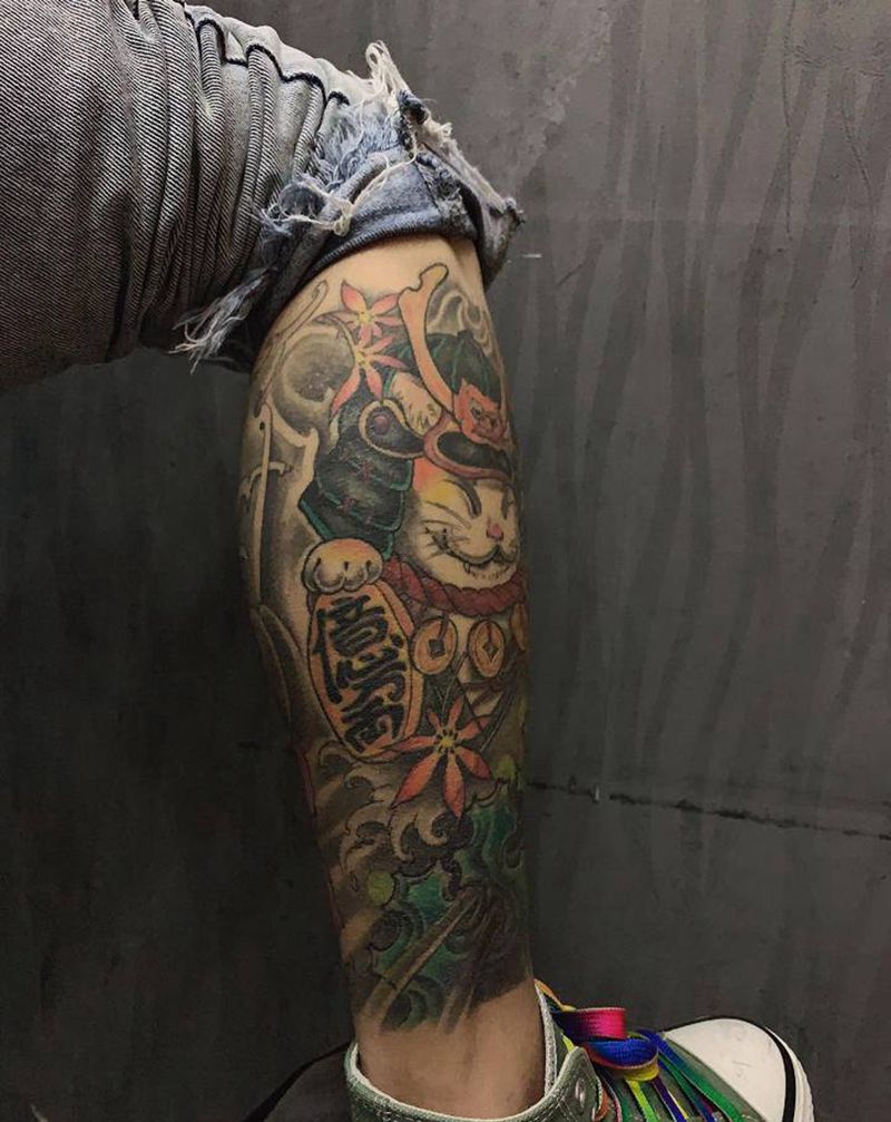 包小腿纹身图片_腿部新传统纹身图案