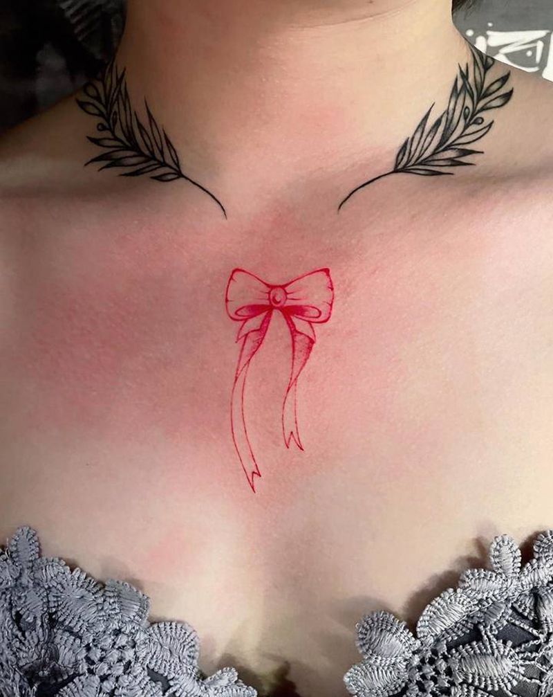 蝴蝶结修改纹身图片_胸部纹身图案
