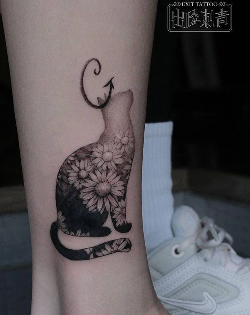 遮盖猫纹身图片_脚部点刺遮盖猫纹身图案