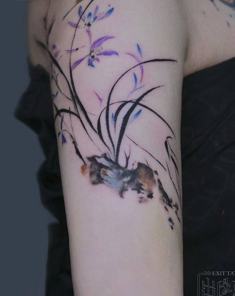 兰纹身图片_手部手臂水墨水彩纹身图案