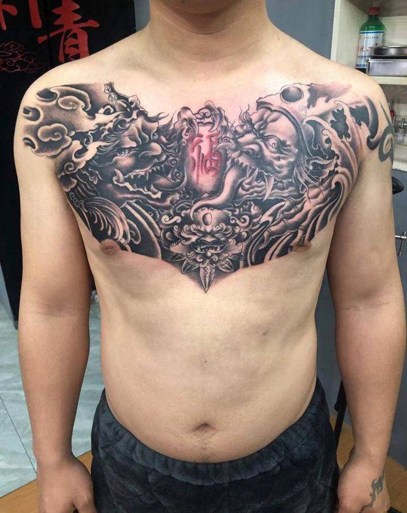 花胸纹身图片_胸部新传统黑白无常纹身图案