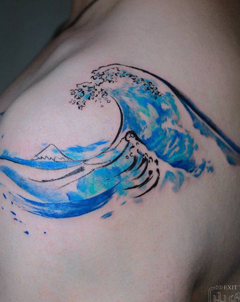 - 《神奈川冲浪里》纹身图片_手臂肩部水彩水墨纹身图案