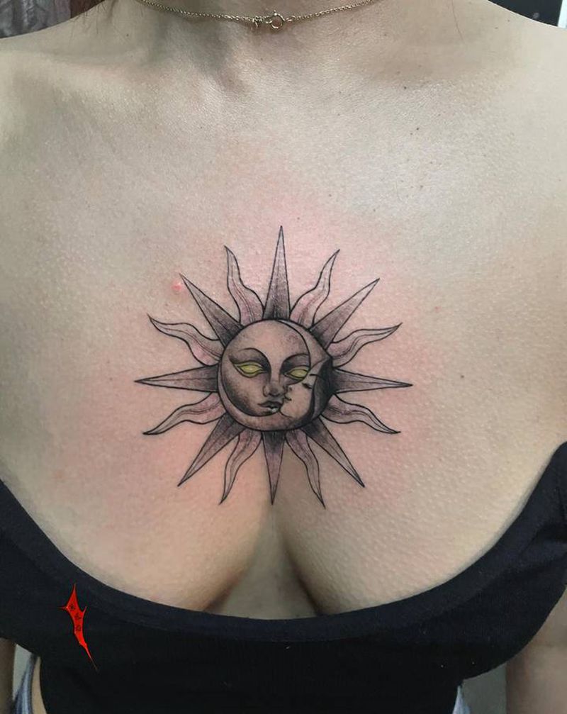 太阳纹身图片_胸部纹身图案