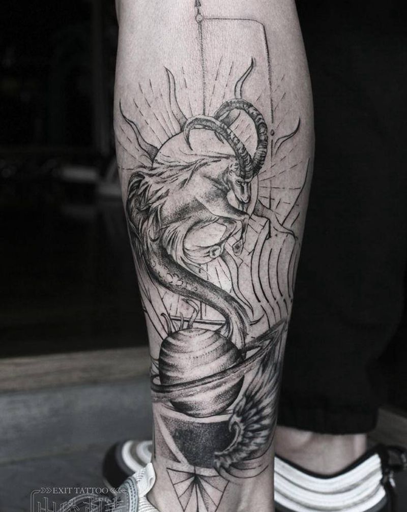 小腿点刺几何摩羯座纹身图片_腿部点刺几何纹身图案