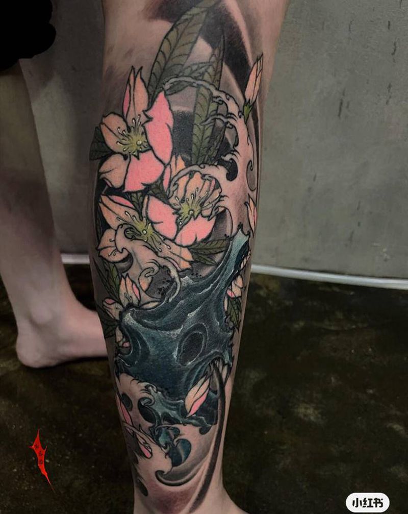 樱花纹身图片_腿部纹身图案