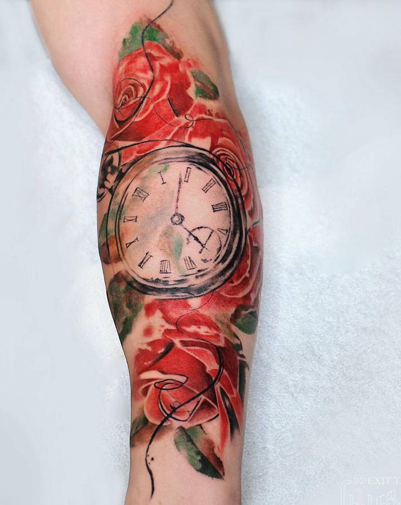 玫瑰纹身图片_手臂水彩水墨纹身图案